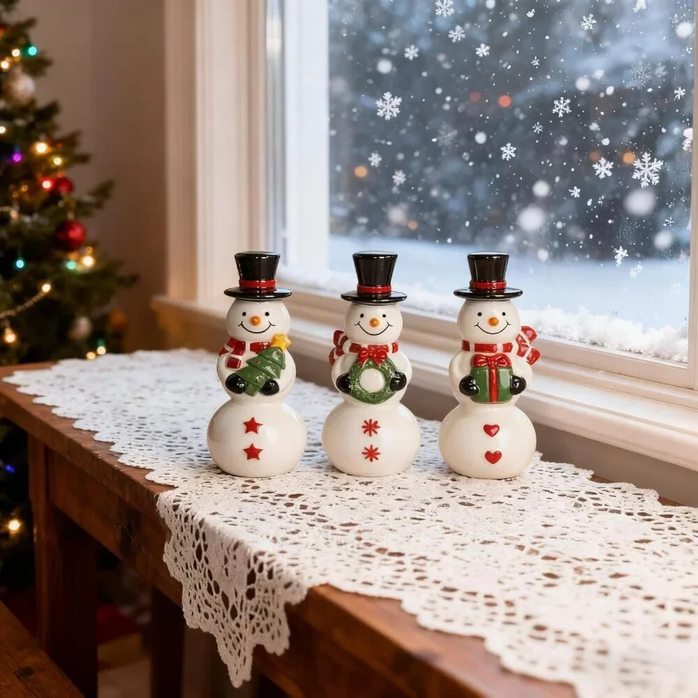 Set Of 3 Ceramic Cute Snowman Ornaments Christmas Decorations For Table